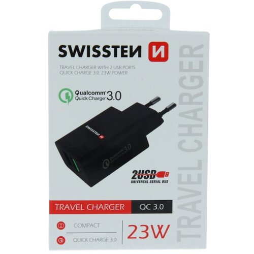 Swissten punjač za AC220, 2xUSB, QUALCOMM 3.0, brzi, 23W, crni Slike