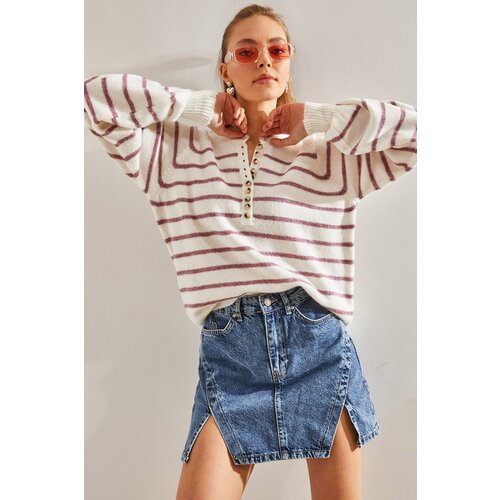 Bianco Lucci Women's Buttoned Collar Turtleneck Striped Knitwear Sweater Cijene