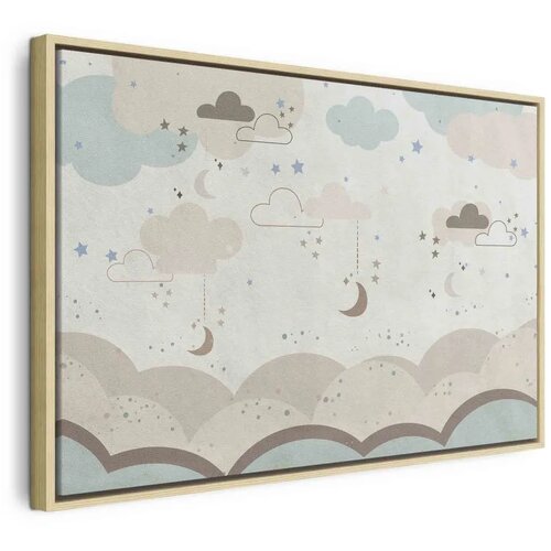  Slika - Cloudy Night Sky - Moons in Brown and Beige Hues Among Clouds and Numerous Little Stars on a Light Background 90x60 U pr Cene