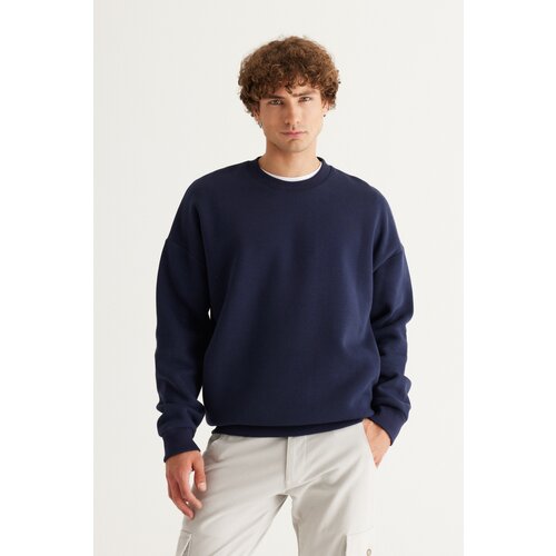 AC&Co / Altınyıldız Classics Men's Navy Blue Oversize Fit Wide Cut Cotton Fleece Inner 3 Thread Crew Neck Sweatshirt Slike