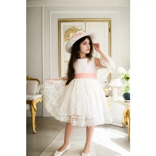 Dewberry N8712 Princess Model Girls Dress with Hat & Lace-WHITE