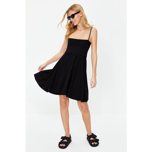 Trendyol Black Flounce Stretchy Skater/Waist Opened Mini Knitted Mini Dress Slike