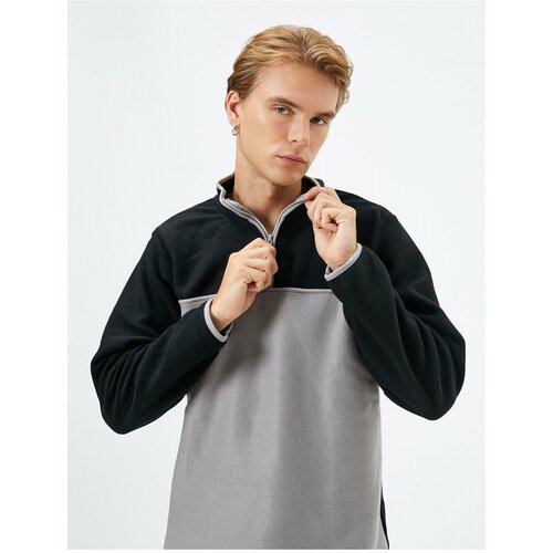 Koton Fleece Sweatshirt Half Zipper Color Block Slogan Detailed. Slike