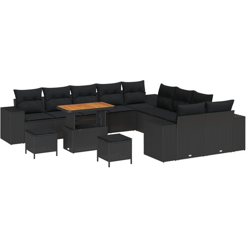 VidaXL Set od 13 komada Vrtni Sofa s Jastučićima Crni Poli Ratan Akacija, 3-dijelni Set Vrtne Trpeze s Jastučićima Crni Poli Ratan Akacija Slike