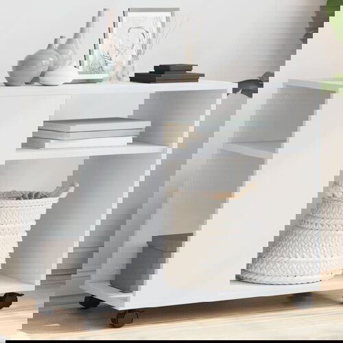 VidaXL Stranska mizica s kolesi bela 70x35x60 cm inženirski les Slike