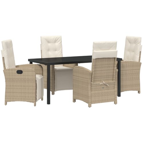 VidaXL Vrtni set za objedovanje od 5 dijelova s jastučićima bež poli ratan, Vrtni stol crni 160x80x73 cm od kaljenog stakla Slike