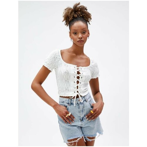 Koton Crop T-Shirt Embroidered Front Tie Detailed Short Sleeve Frilly Slike