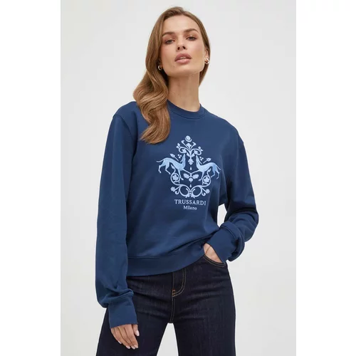 Trussardi Bombažen pulover ženska, mornarsko modra barva
