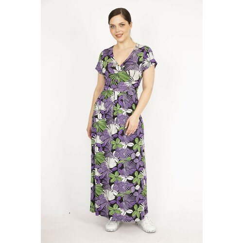 Şans Women's Purple Plus Size Wrap Collar Colored Long Dress Slike