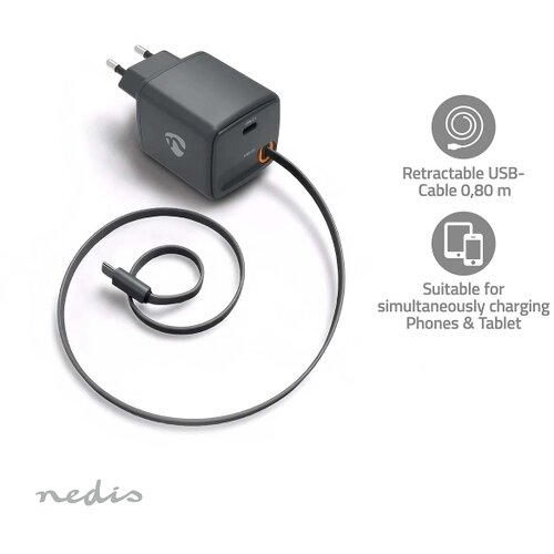 Nedis WCHARC30WBK - Punjač sa uvlačivim kablom Power Delivery 30W 2xUSB-C crna Slike