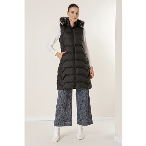 By Saygı Furry Portable Hooded Side Pockets Lined Zippered Puffer Vest Slike