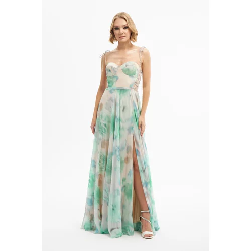 Carmen Emerald Printed Slit Long Evening Dress