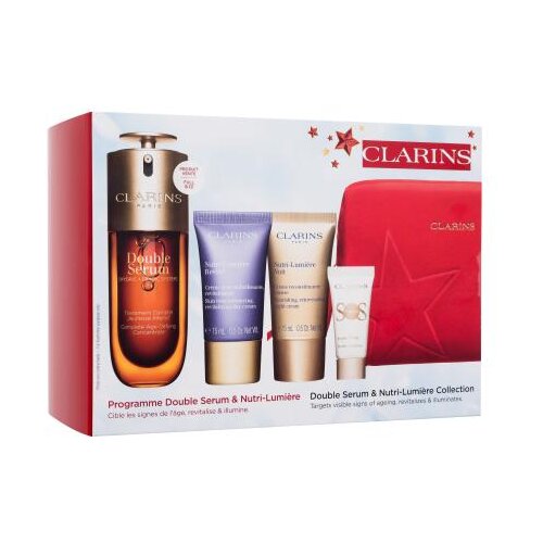 Clarins Double Serum & Nutri-Lumière Collection set: serum za obraz Double Serum 50 ml + dnevna krema za obraz Nutri-Lumiere Revive 15 ml + nočna krema za obraz Nutri-Lumiere Nuit 15 ml + podlaga za ličila SOS Primer 5 ml + rdeča kozmetična torbica za ženske Cene