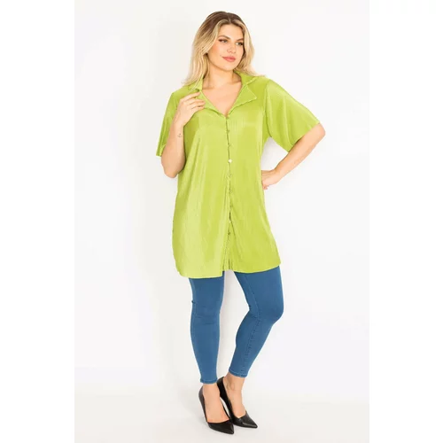 Şans Women's Plus Size Green Front Buttoned Blouse