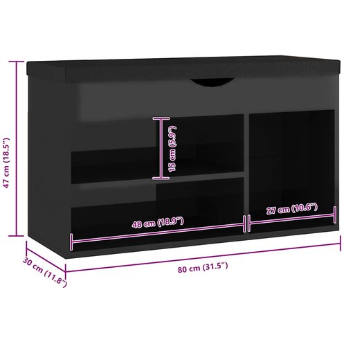  Klupa za cipele s jastukom sjajna crna 80 x 30 x 47 cm drvena Slike