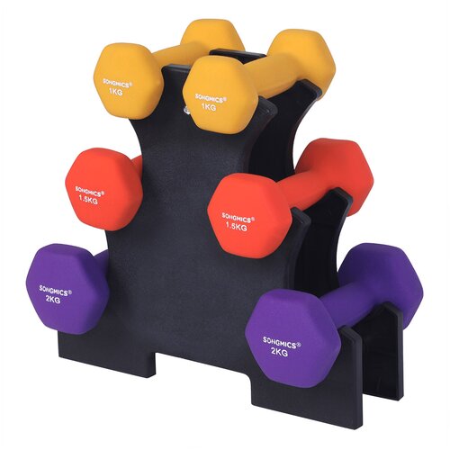Songmics Hexagon dumbbell set s stojalom, 2 x 1 kg, 2 x 1,5 kg, 2 x 2 kg, ročne uteži z mat neoprenskim zaključkom, za domače vaje, rumena, oranžna in vijolična SYL69BK, (21555035) Slike
