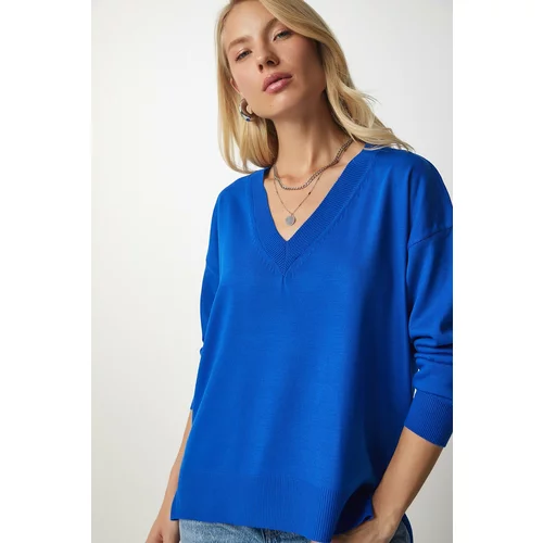 Happiness İstanbul Women's Blue V-Neck Oversize Knitwear Sweater