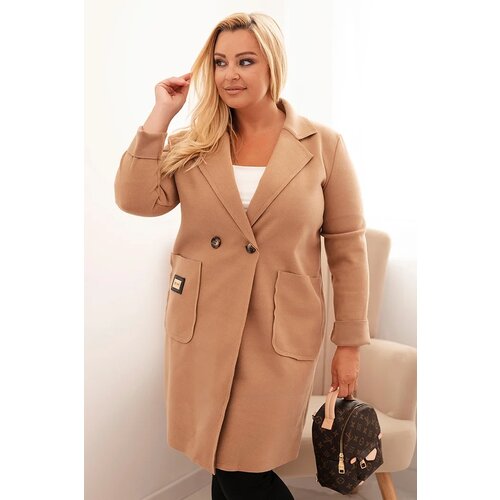 Kesi Włoski Elegant women&amp;#039;s Plus Size coat with a collar and large pockets camel Slike