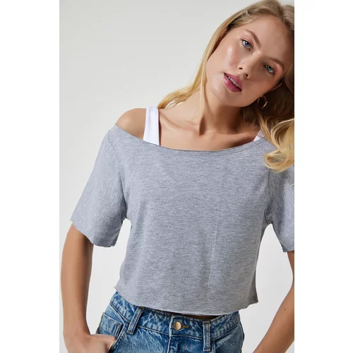 Happiness İstanbul Women's Gray Melange Boat Neck Basic Crop Knitted T-Shirt
