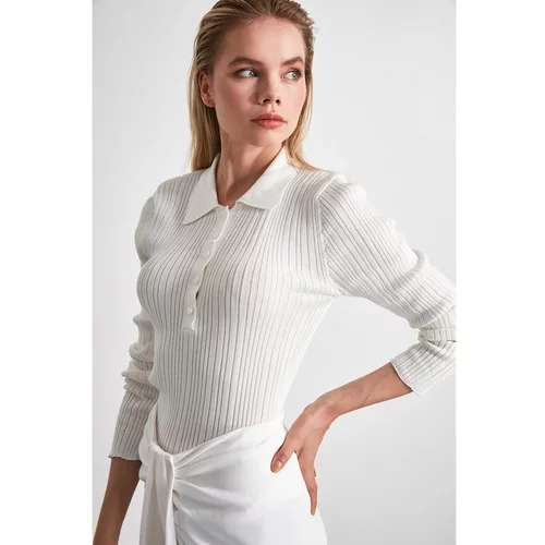Trendyol Ecru Polo Collar Corduroy Knitwear Sweater
