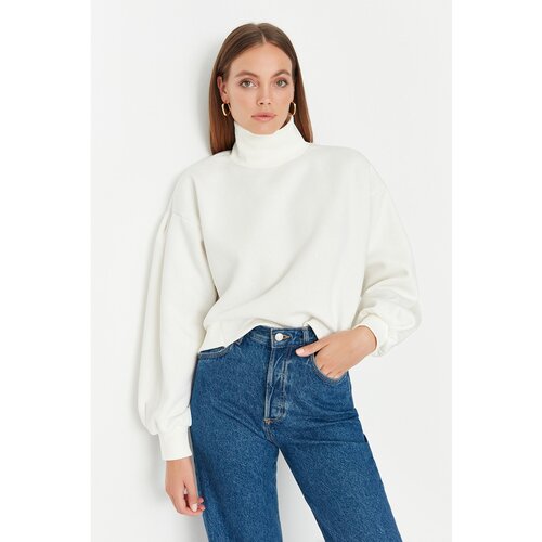 Trendyol Ecru Turtleneck Balloon Sleeve Raised Crop Knitted Sweatshirt Slike
