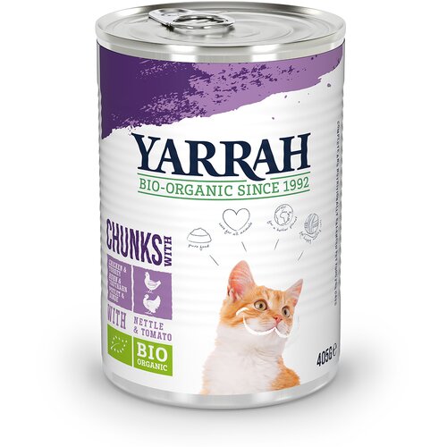 Yarrah 24 x 405 g Bio koščki v ugodnem varčnem pakiranju - Bio piščanec & bio puran z bio koprivami & bio paradižnikom v omaki Cene