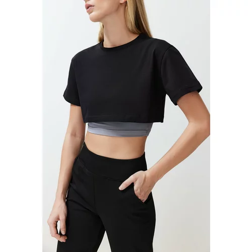 Trendyol Black Gray Melange 2-Layer Reflector Print Detailed Crop Knitted Sports T-Shirt