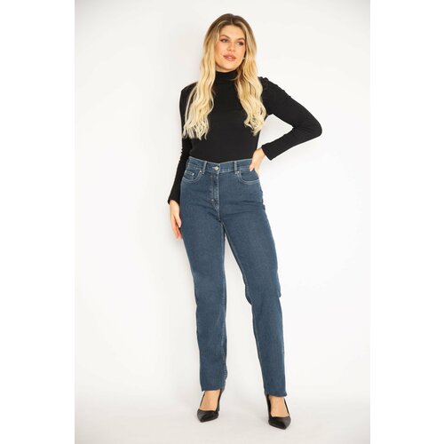 Şans Women's Plus Size Navy Blue 5 Pocket Jeans Trousers Slike