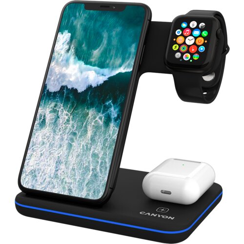 Canyon wS-303 3in1 wireless charger, with touch button for running water light, input 9V/2A, 12V/2A, output 15W/10W/7.5W/5W, type c to usb-a cable length 1.2m, 137*103*140mm, 0.195Kg, black Slike