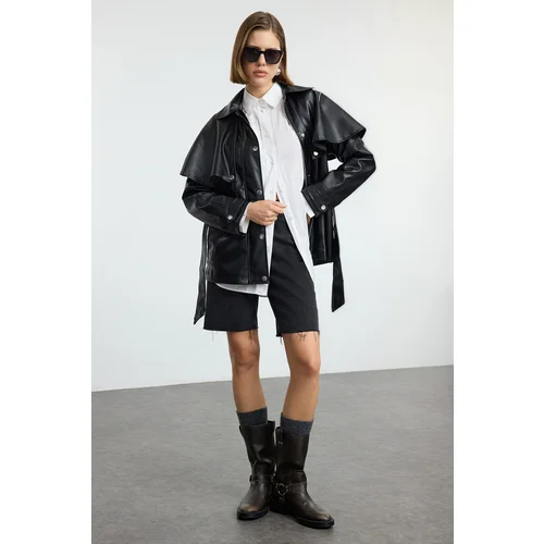 Trendyol Black Regular Fit Belted Detachable Cape Detailed Faux Leather Coat