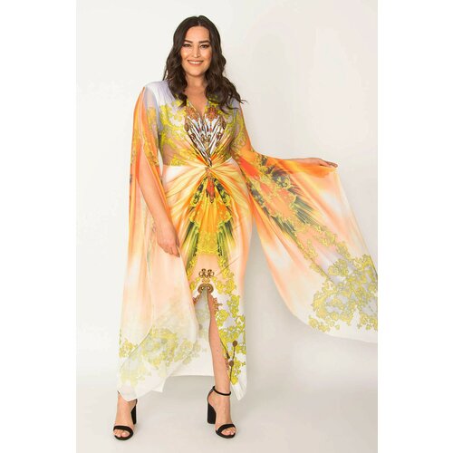 Şans Women's Plus Size Colored Sleeves Chiffon Detailed Front Slit Evening Dress Slike
