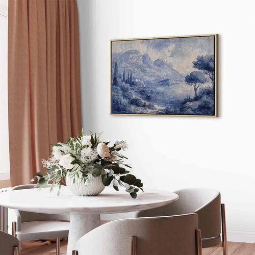  Slika - Blue Bay - Italian landscape of Lake Como painted with blue ink 90x60 U prirodnom drvenom okviru Slike