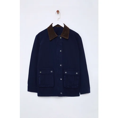 Trendyol Dark Blue Suede Collar Oversize Denim Jacket