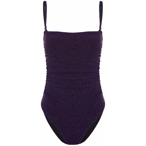 Trendyol Purple Strapless Draped Silvery High Leg Swimsuit
