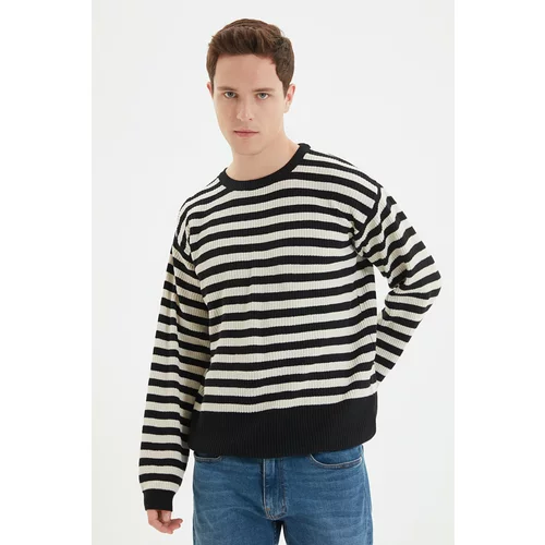 Trendyol Black Men's Crew Neck Oversize Striped Knitwear Sweater