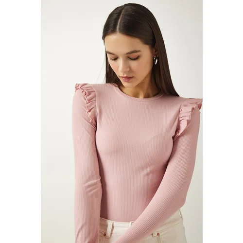  Women's Powder Ruffle Detail Ribbed Snap Knitted Blouse