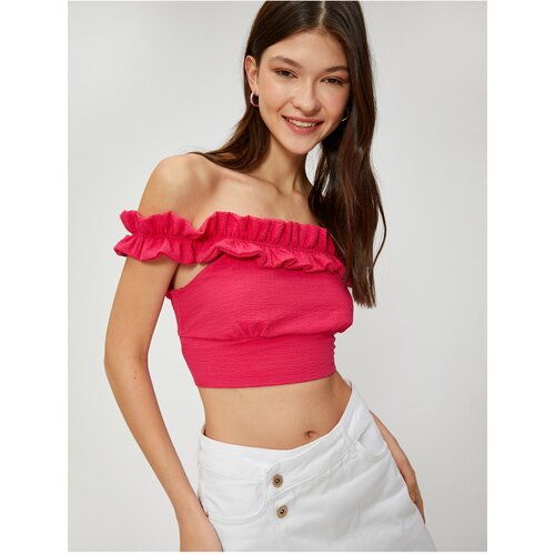 Koton Off-the-Shoulder Crop Blouse With Frills, Textured Viscose Blend. Slike