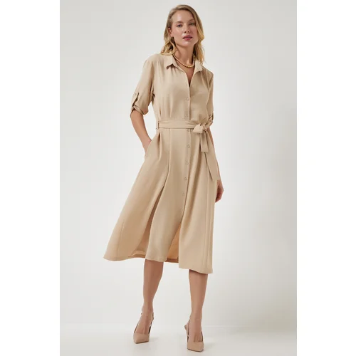 Happiness İstanbul Women's Dark Beige Belted Shirt Dress