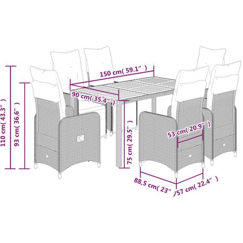 VidaXL 7-dijelni vrtni bistro set od poliratana s jastucima crni - 150 x 90 x 75 cm boja drva 6 Slike