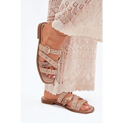 Boto Embellished women sandals on flat heel with straps and buckle beige Manitte Cene