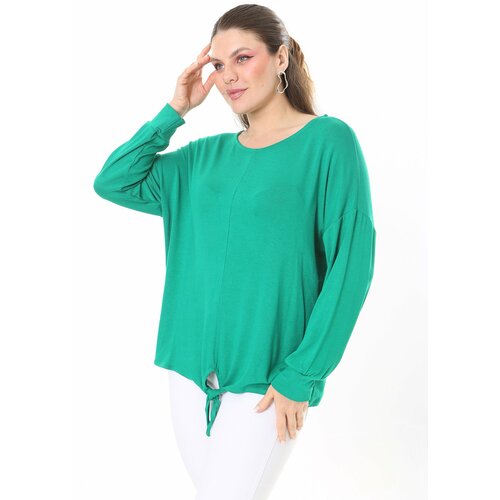 Şans Women's Plus Size Green Front Tied Long Sleeve Blouse Cene