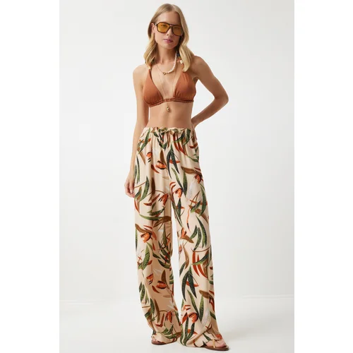  Women's Cream Tile Patterned Loose Viscose Palazzo Trousers