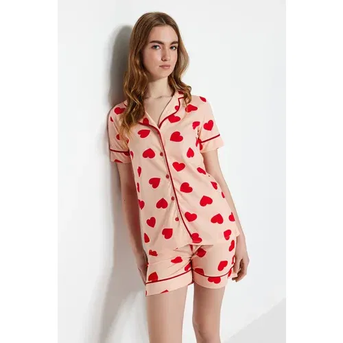 Trendyol Salmon Heart Pattern Piping Detailed Cotton Shirt-Shorts Knitted Pajamas Set