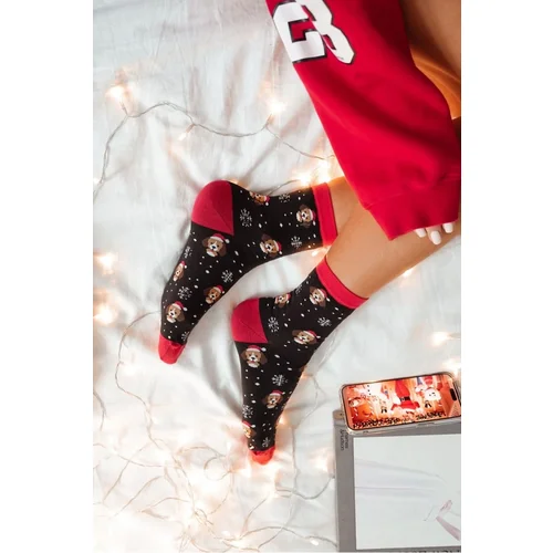 Milena Women's Christmas Socks Puppies In Santa Hat Black