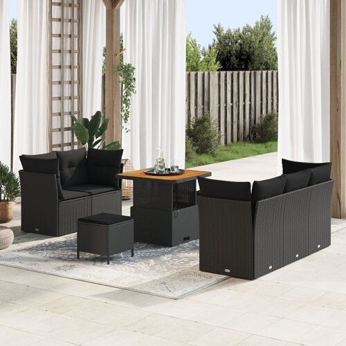 VidaXL Set od 8 vrtnih sofa s jastučićima Crni Poli Ratan Akacija, Set od 3 vrtne blagovaonice s jastučićima Crni Poli Ratan Akacija Slike