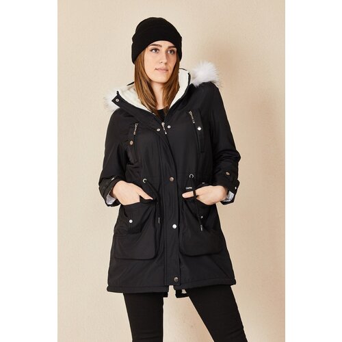 HAKKE Women's Snap-Up Hooded Fur Coat with Chest Pocket Cene