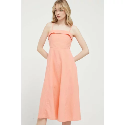 Abercrombie & Fitch Lanena haljina boja: narančasta, midi, širi se prema dolje