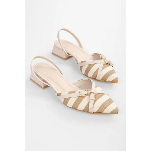 Shoeberry Women Ciao Beige Linen Striped Buckled Ballerinas