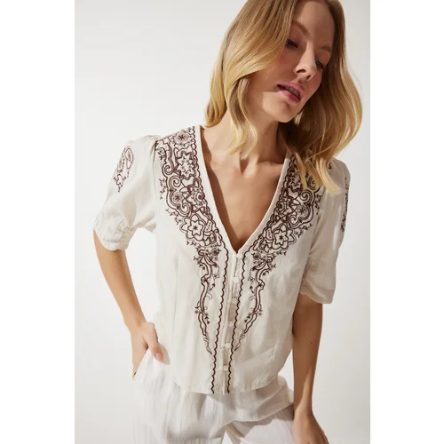  Women's Beige Embroidered Balloon Sleeve Linen Blouse