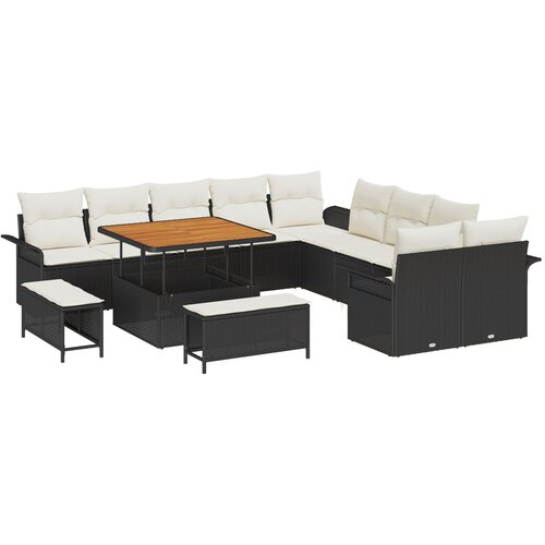 vidaXL 13 dijelni set vrtnih sofa s jastučićima crni poli ratan akacija, dvosed vrtna sofa s jastučićima crni poli ratan, 3-dijelni set vrtne trpeze s jastučićima crni poli ratan akacija Cijene